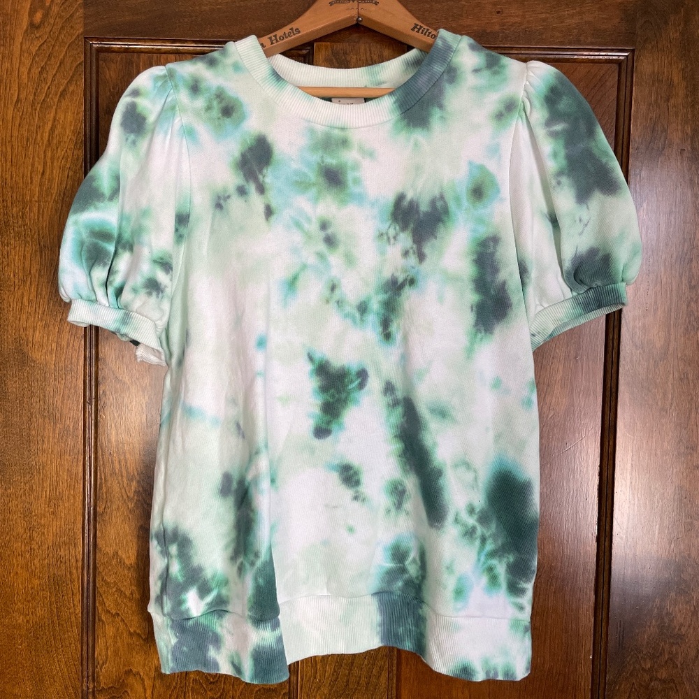 a new day White & Green Tie Dye Puff Sleeve Top Crew Neck Casual Blouse Size L